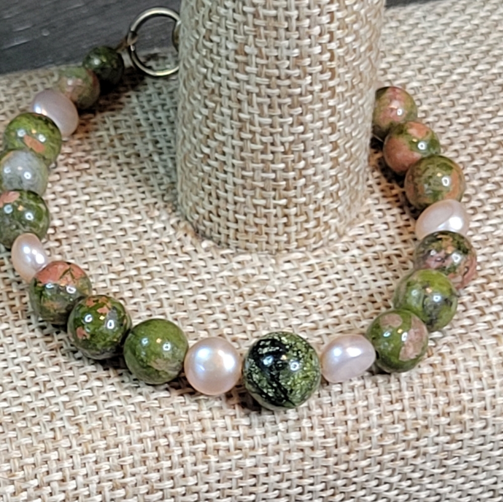 Handmade Unakite Gemstone & Peach Freshwater Pearls Beaded Bracelet 8.25" Long